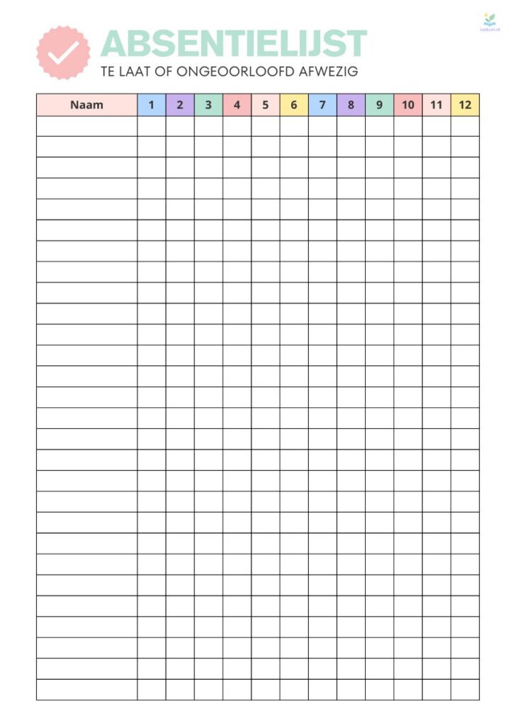 Voorbeeld van Absentielijst voor de klas