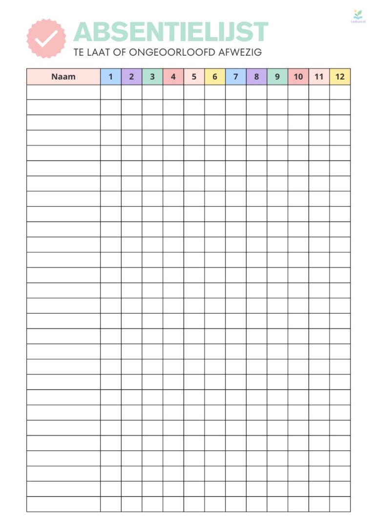 Voorbeeld van Absentielijst voor de klas