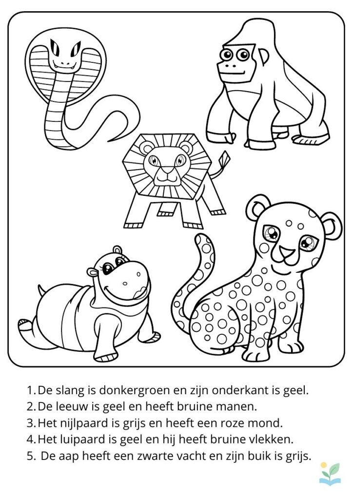Voorbeeld van Begrijpend lezen kleurplaat - wilde dieren