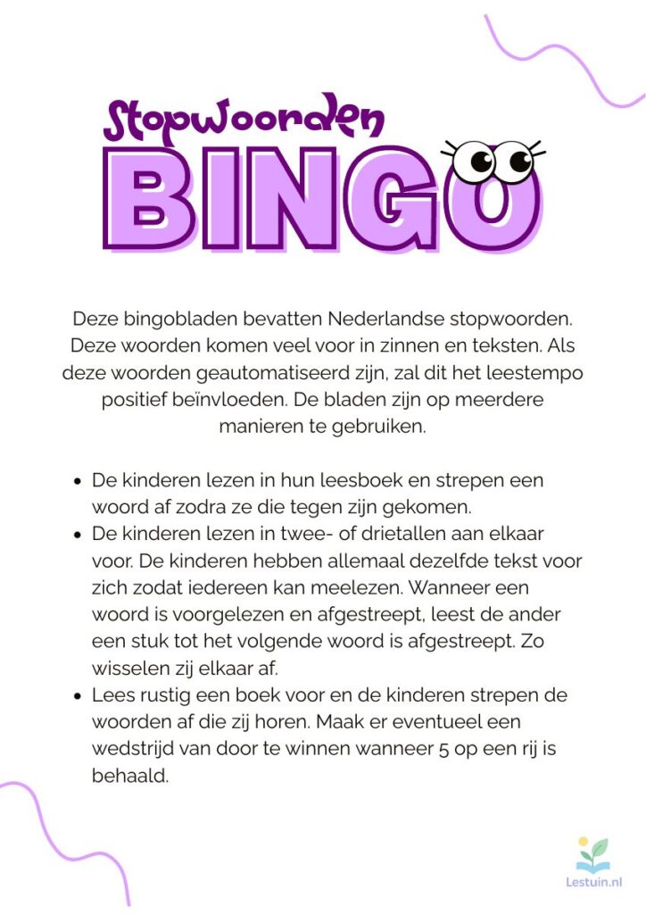 Voorbeeld van Stopwoordenbingo voor groep 3